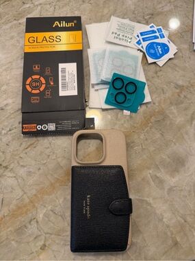iPhone 14 Pro Accessory Bundle Kate Spade Two-Tone Wallet Case & Protectors